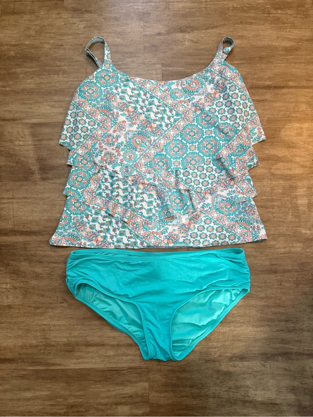Coco Reef Turquoise & Coral Ruffle Tankini Top